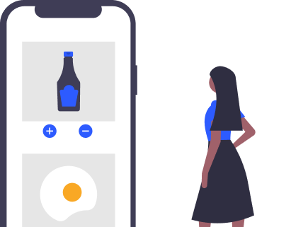 Online food ordering system for restaurants Girl looking at online food ordering app through very big mobile