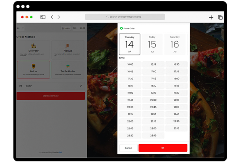 Restoran Rezervasyon Sistemi 2 arka plan üzerinde saat ve tarih programı görseli, rezervasyon ve ön sipariş web sayfası görselini içerir