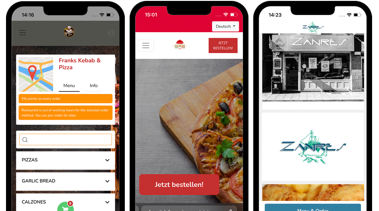 three mobile app images side-by-side frank's kebab falkens zanres