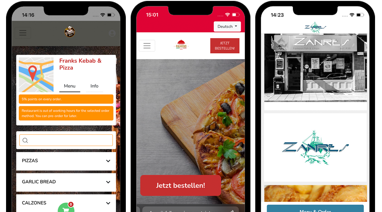 mobile app for takeaways and restaurants 1 three mobile app images side-by-side frank's kebab falkens zanres