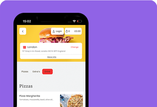 mor arka plan üzerinde burger görseli, adres açıklaması içeren mobil uygulama görseli