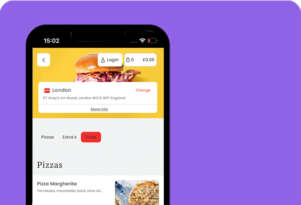 mobile app for takeaways and restaurants 2 mobile app visual with burger image, address description on a purple background