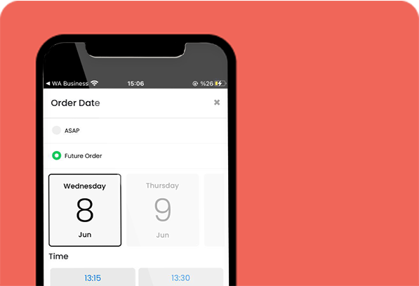 mobile app for takeaways and restaurants 3 mobile app order date page written ASAP, future order, Wednesday, 8 Jun on a red background