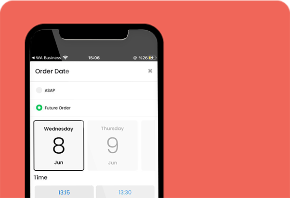 mobile app order date page written ASAP, future order, Wednesday, 8 Jun on a red background