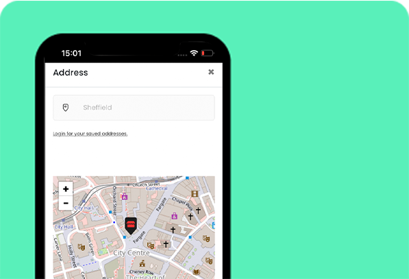 mobile app for takeaways and restaurants 4 mobile app address page written Sheffield, shown map visual