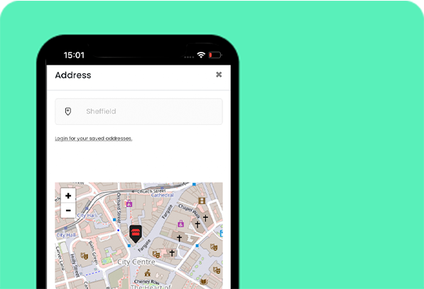 mobile app address page written Sheffield, shown map visual