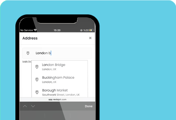mobile app for takeaways and restaurants 5 mobile app address auto complete page on a blue background