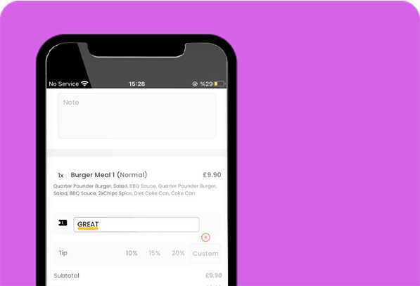 reward & discount system mobile app page written burger meal 1 on a purple background