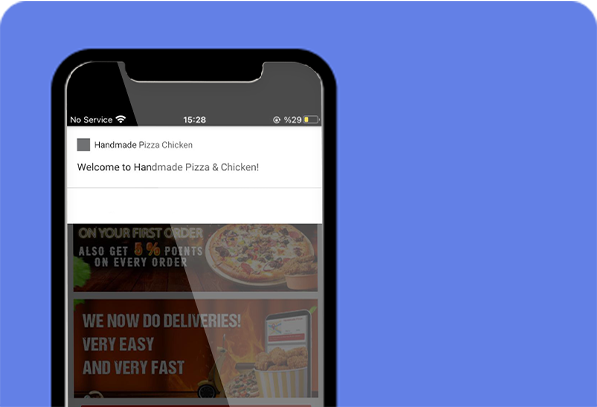 mobile app for takeaways and restaurants 7 push notifications mobile app page with handmade pizza chicken word on a blue background