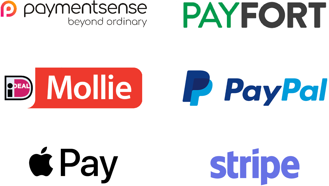  logos of paymentsense, payfort, ideal mollie, paypal, apple pay, stripe on a white background