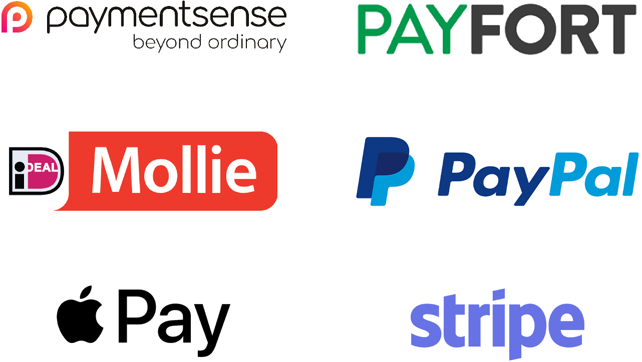 mobile app for takeaways and restaurants logos logos of paymentsense, payfort, ideal mollie, paypal, apple pay, stripe on a white background