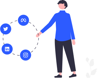 Drawing of a person with blue  jacket touch social media icons