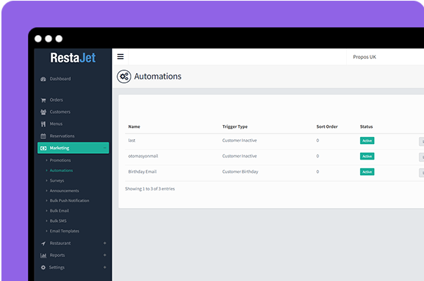 Automations Page in Online Orderin Website Admin Panel