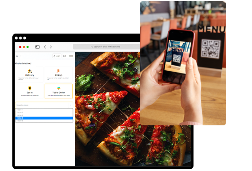 Table Ordering System on webpage and corner at handing mobile with QR code in image