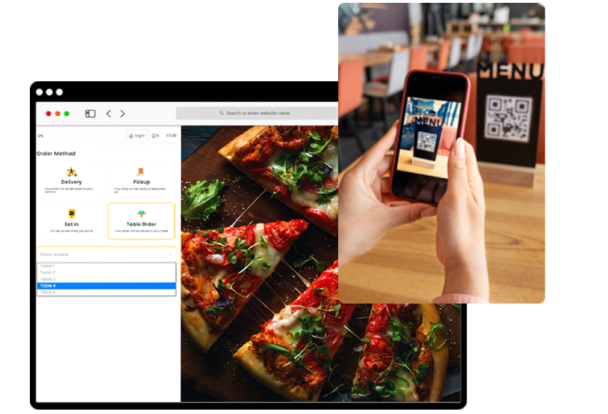 Table ordering system on mobile with QR code Table Ordering System on webpage and corner at handing mobile with QR code in image