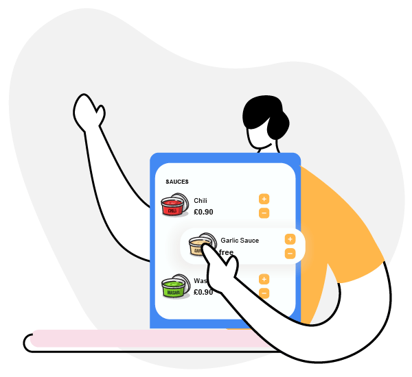 a drawing of a man holding a tablet with a menu window open