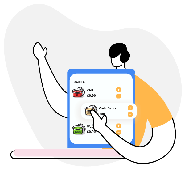 Online Food Ordering system new feature 3 a drawing of a man holding a tablet with a menu window open