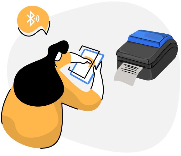 Online food ordering system new feature 1 a drawing of a woman connecting her tablet to a printer using bluetooth