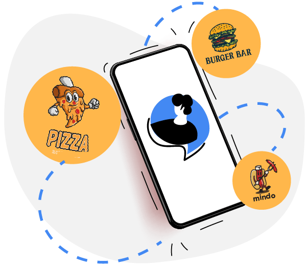 Online Food Ordering System feature 4 Drawing of three different brand logos around a phone with a man on the screen