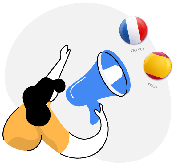 Online Food Ordering System feature 6 Drwaing of a woman with a megaphone with round french and spanish flags coming out of the end