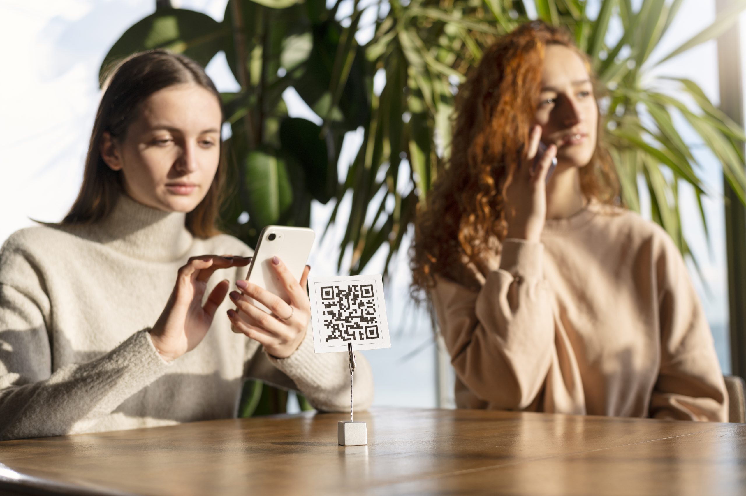 person scanning a QR code at a restaurant