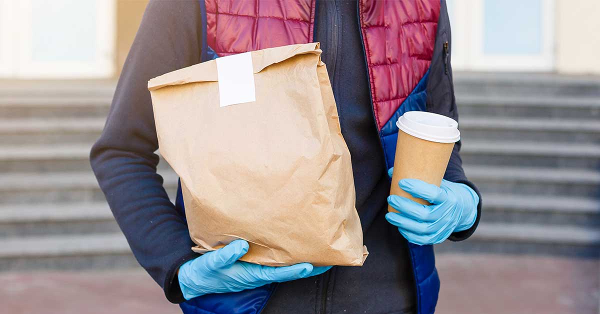 courier protective mask medical gloves delivers takeaway food delivery service